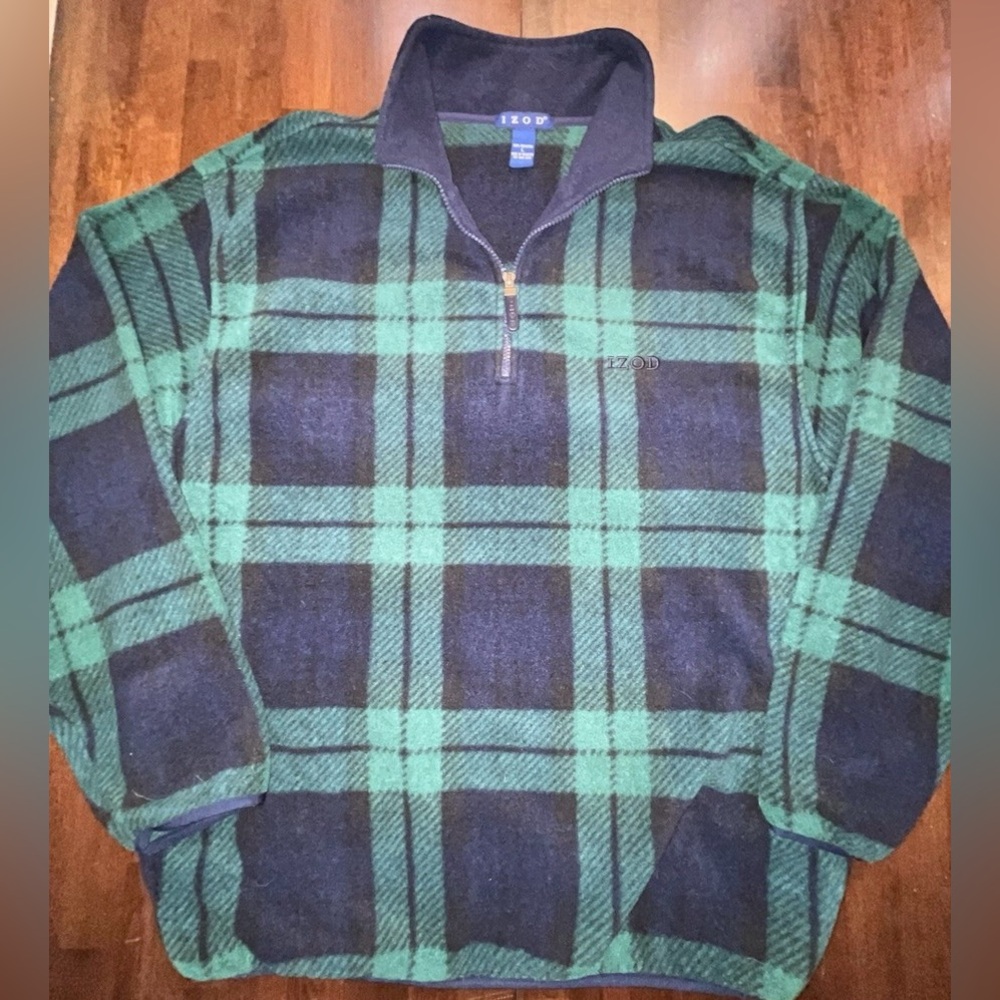 Vintage Izod Navy and Green plaid tartan quarter zip Fleece Pullover Sweater